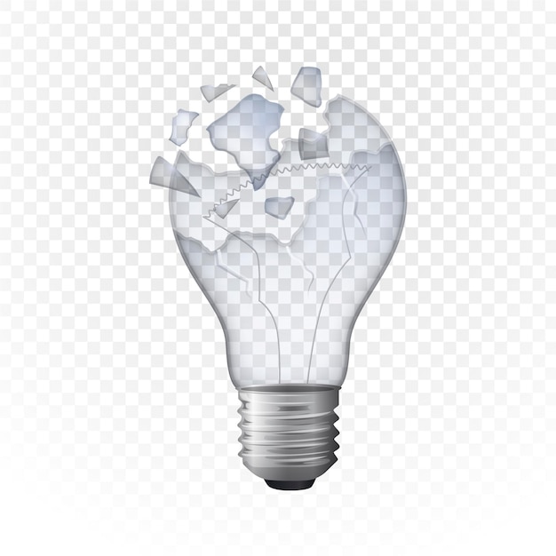 Realistic broken light bulb with pieces