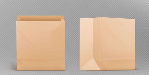 Free vector realistic brown paper bag mockups isolated on transparent background vector illustration of open craft package with blank surface ready for branding eco wrap for takeaway food lunch meal snack