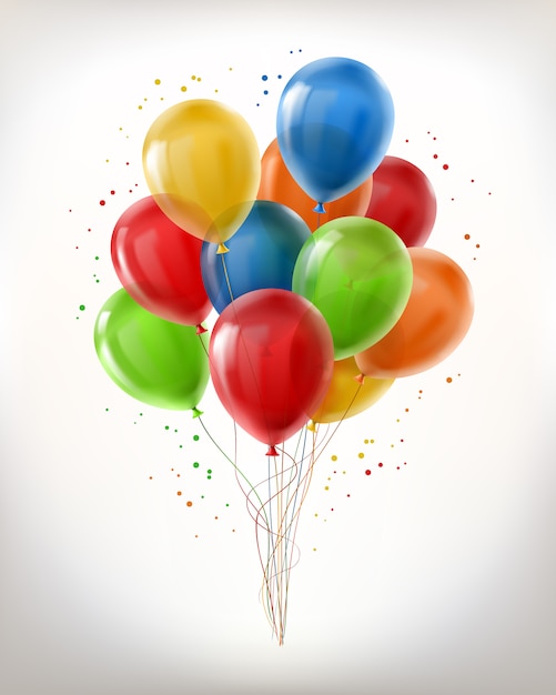 realistic bunch of flying glossy balloons, multicolored, filled with helium