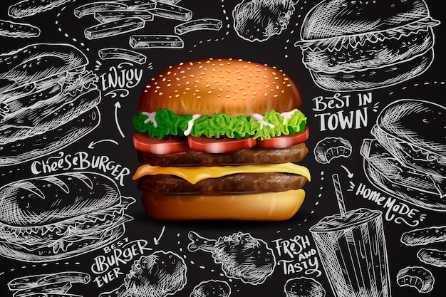 黒板の背景にリアルなハンバーガー