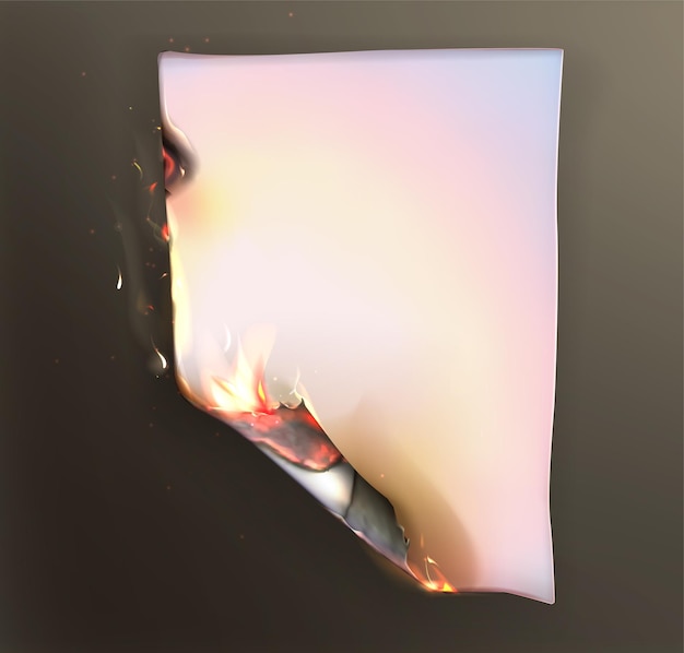 Foglio di carta bruciato realistico con fuoco e cenere nera