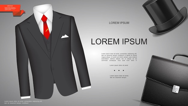 Realistic businessman style template with classic business suit cylinder hat and briefcase