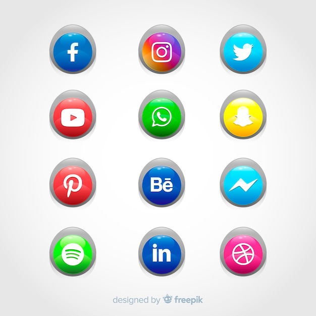 無料ベクター ソーシャルメディアのロゴコレクションと現実的なボタン