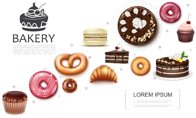 Realistic cakes and baking products collection with muffin donuts cupcake pretzel croissant pie macaroon  illustration