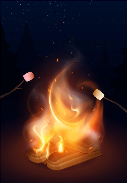 無料ベクター 夜の森と星空のベクトル イラストを背景にスティックにマシュマロを焙煎と現実的なキャンプファイヤー