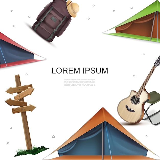 Realistic camping colorful template with wooden signboard acoustic guitar chair tents backpack pith hat