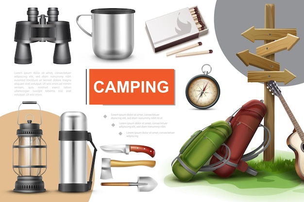 Realistic camping elements composition with binoculars cup matches navigational compass lantern thermos knife axe shovel guitar and backpacks near signpost