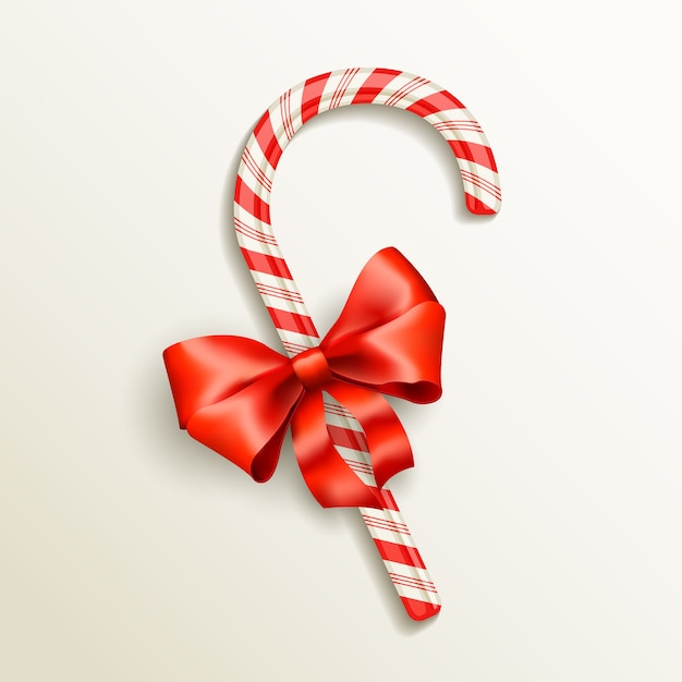 realistic candy cane with red bow vector illustration