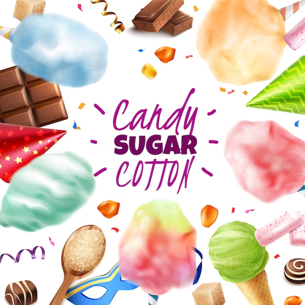 編集可能なテキストと様々な菓子製品のベクトル図のラウンド構成と現実的なキャンディシュガーコットンフレームカード