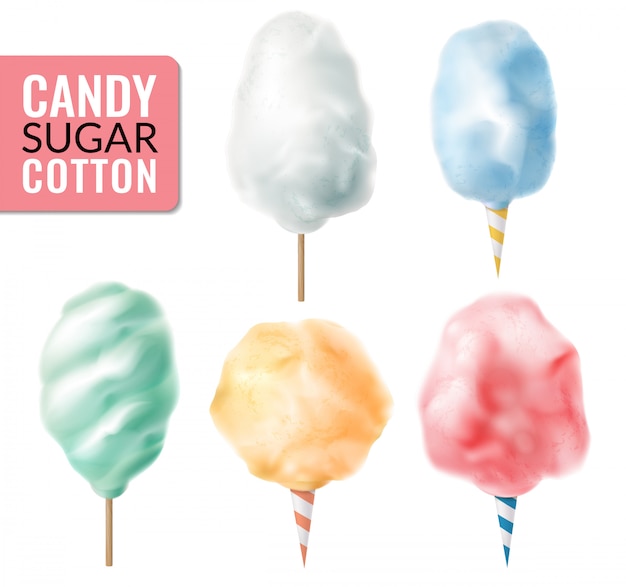 Free vector realistic candy sugar cotton set with isolated images of colorful confectionery candy floss sticks