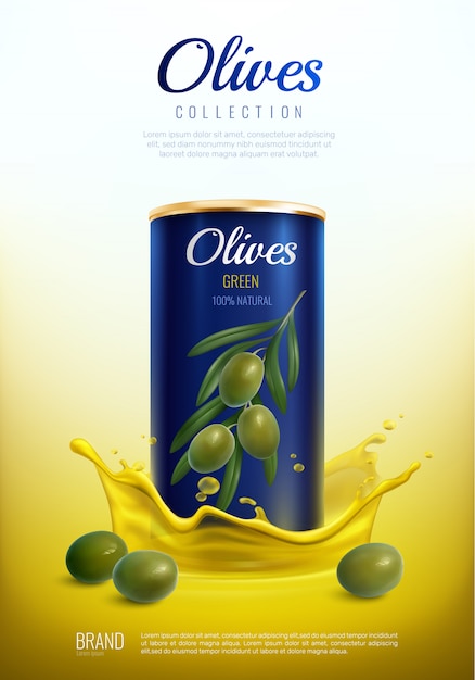 Free vector realistic canned olives advertising composition