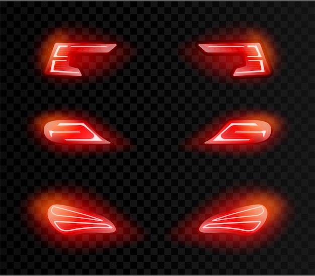 Realistic car headlights. Front and rare led automobile lights with  different shapes, red tail glowing light effect. Vector auto bumpers lamp  3D set Stock Vector