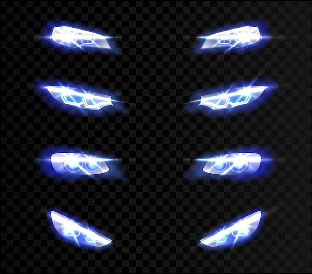 Free vector realistic car front lights in different shapes on transparent