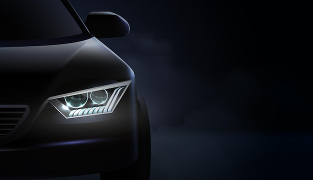 Realistic car headlights AD composition and headlights with green and purple illumination