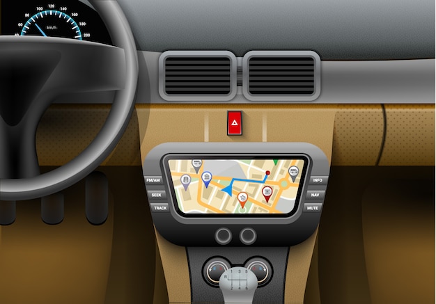 Free vector realistic car interior with auto navigation system and gps map