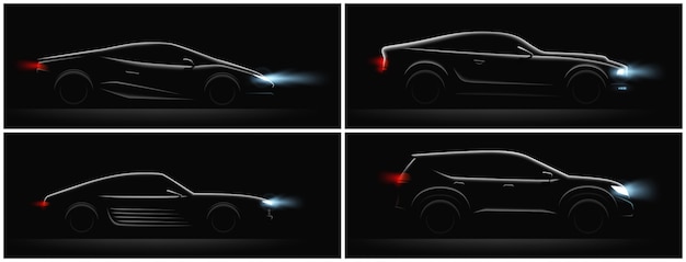 Realistic car silhouete dark set of four profiles with different car body and glowing running lights vector illustration