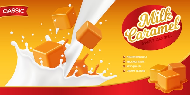 Realistica composizione di poster di caramello con marchio modificabile e immagini di schizzi di latte e cubetti di caramelle