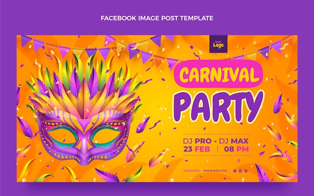 Vettore gratuito modello di post sui social media di carnevale realistico