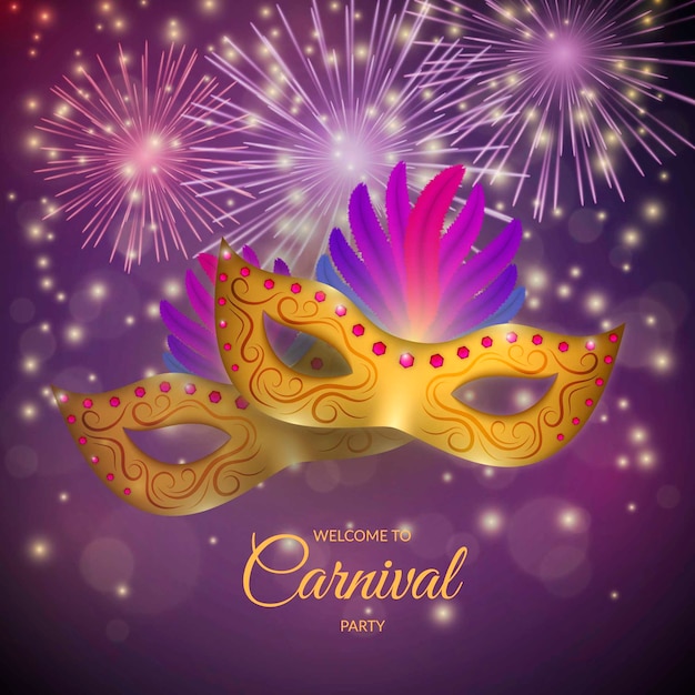 Realistico carnevale con maschera e fuochi d'artificio