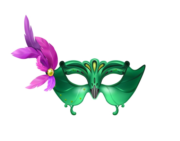 Free Vector realistic carvinal mask composition with isolated illustration of masquerade mask with purple feathers and green body