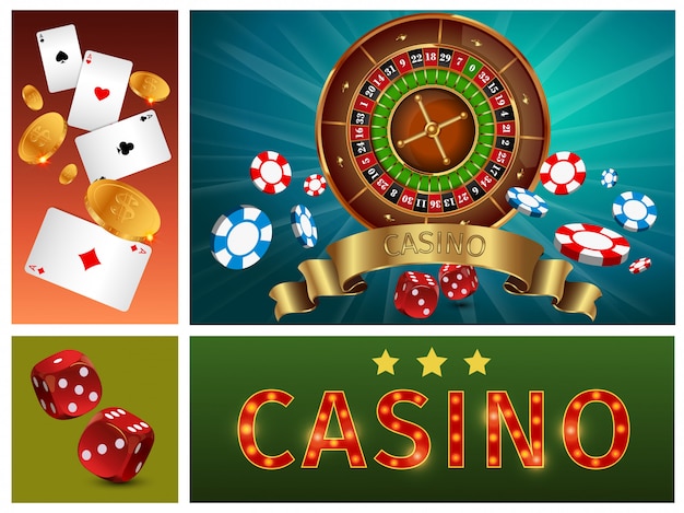 Realistic casino bright composition with gambling roulette poker chips cards gold coins and dices