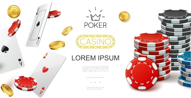 Free vector realistic casino colorful composition with flying playing cards poker chips and gold coins illustration