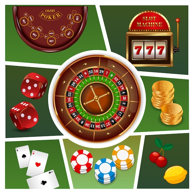 Realistic casino elements composition with roulette slot machine gold coins poker chips playing cards dices isolated