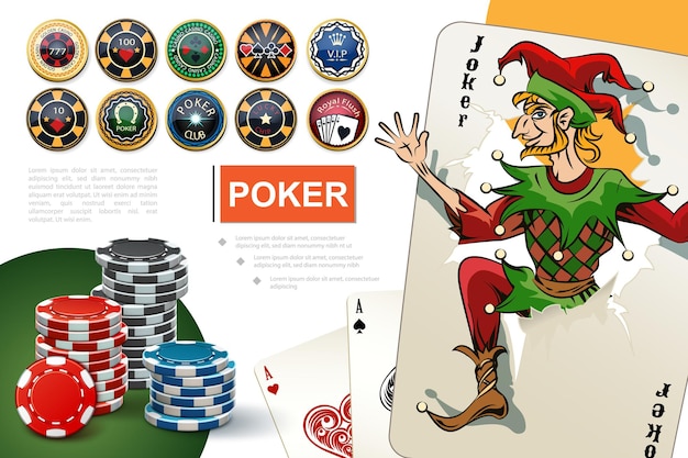 Realistic casino and gambling concept with colorful poker chips aces and joker cards