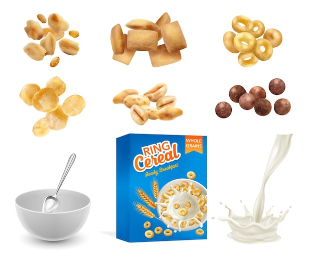 Бесплатное векторное изображение Реалистичный макет упаковки хлопьев с изолированными изображениями хрустящих колец с молочным брызгом и векторной иллюстрацией блюда