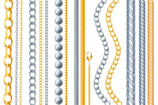 Бесплатное векторное изображение Реалистичная цепочка из золота и серебра с изолированным фоном различных золотых ювелирных изделий