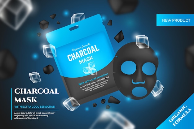 Realistic charcoal sheet mask advertisment