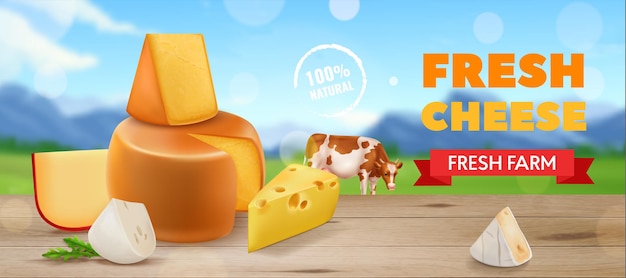 Annunci di formaggi realistici poster orizzontale formaggio fresco titolo di fattoria fresca e illustrazione vettoriale del paesaggio del villaggio