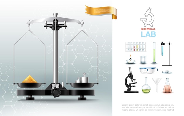 Free vector realistic chemical lab elements composition with balance scale molecular structure laboratory equipment