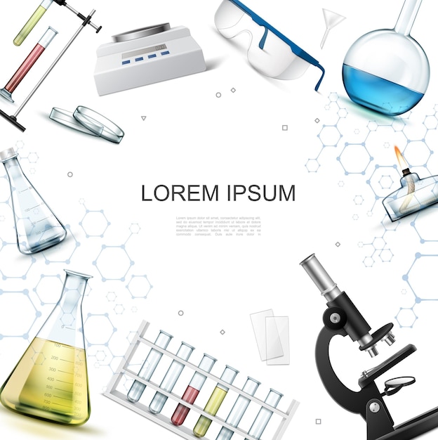 Реалистичный шаблон химической лаборатории с микроскопом, колбы, пробирки, спиртовая лампа, лабораторные очки