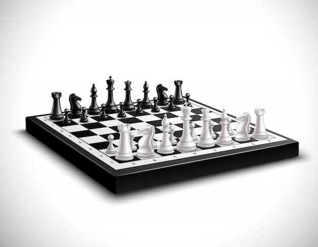 Realistic chess board with 3d black and white figures set 