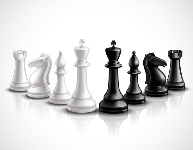 Realistic chess game pieces 3d icons set with reflection