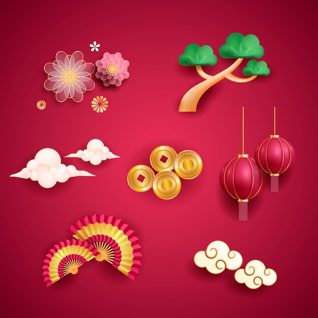 Realistic chinese new year elements collection