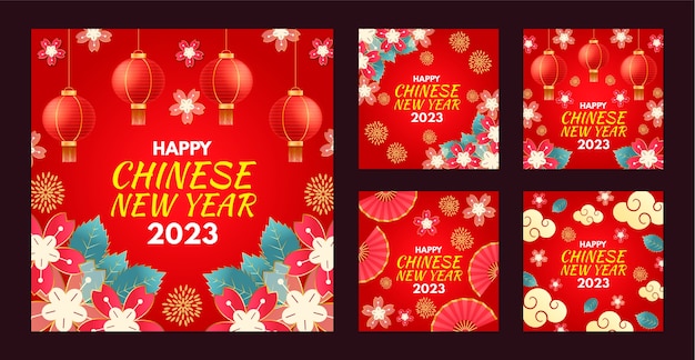 Free vector realistic chinese new year instagram posts collection