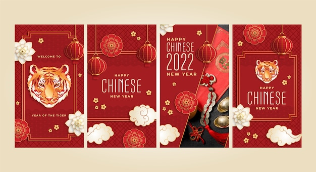 Realistic chinese new year instagram stories collection Free Vector