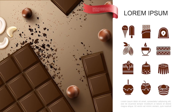 Realistic chocolate bars concept with nuts and sweet chocolate products flat icons