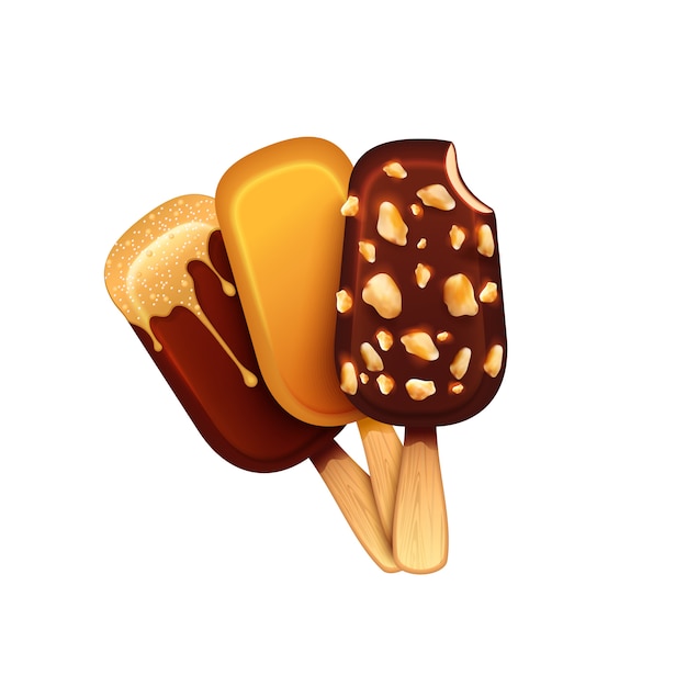 Реалистичное шоколадно-карамельное мороженое эскимо с начинкой и орехами на белом фоне