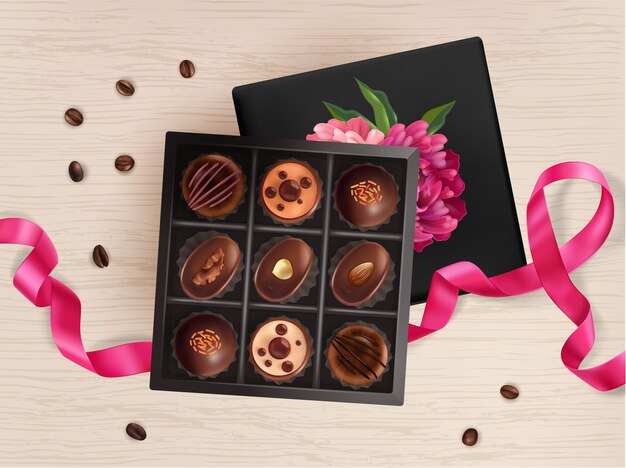 Реалистичная шоколадная композиция сверху с розовой лентой на деревянном столе и подарочной коробкой с векторной иллюстрацией шоколадных конфет
