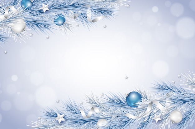 Realistic christmas background with baubles and branches