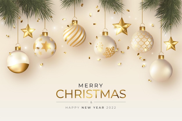 Free vector realistic christmas background with elegant christmas balls and ornaments