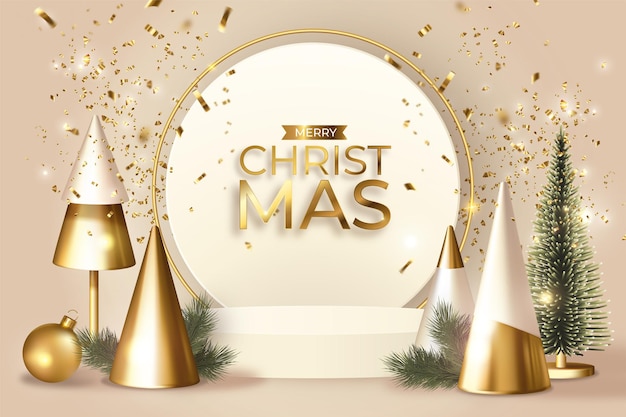 Free vector realistic christmas background with ornaments and podium