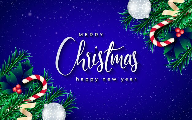 Realistic Christmas Banner with branches and blue background