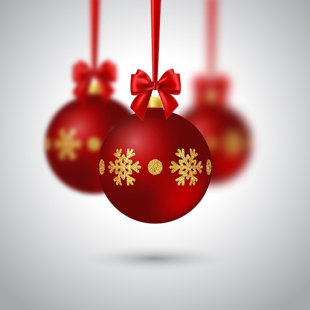 赤い弓でリアルなクリスマス安物の宝石。ぼかし効果。クリスマス休暇の背景の装飾的な要素。ベクトルイラスト。