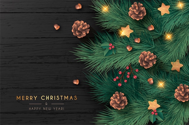 Realistic christmas card in black wooden background