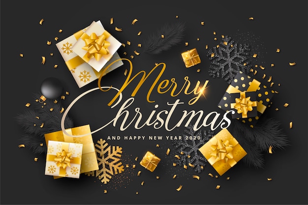 黒と金色のプレゼントと現実的なクリスマスカード