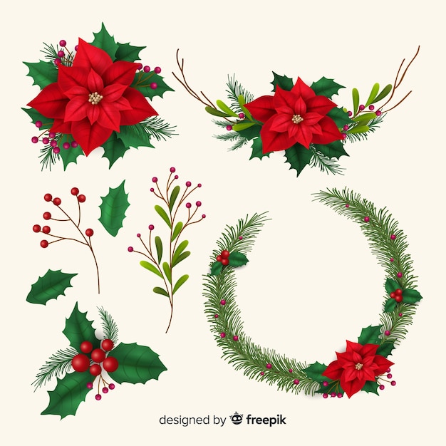 Free vector realistic christmas flower & wreath collection